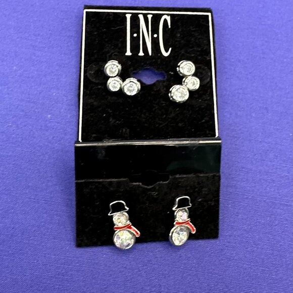 I.N.C Crystal Snowman Post Earrings Set On Original Card - Picture 1 of 11